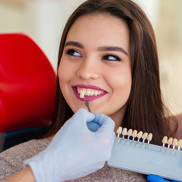 Woman's smile compared with porcelain veneer shade chart